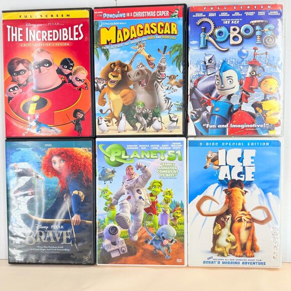 Other - 6 DVD Kids Movie Lot Incredibles Madagascar Ice Age Brave Planet 51 Robots